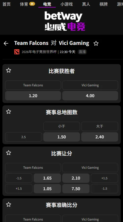 Falcons vs VG - EWC电竞世界杯DOTA2赔率盘口信息由必威(Betway)提供