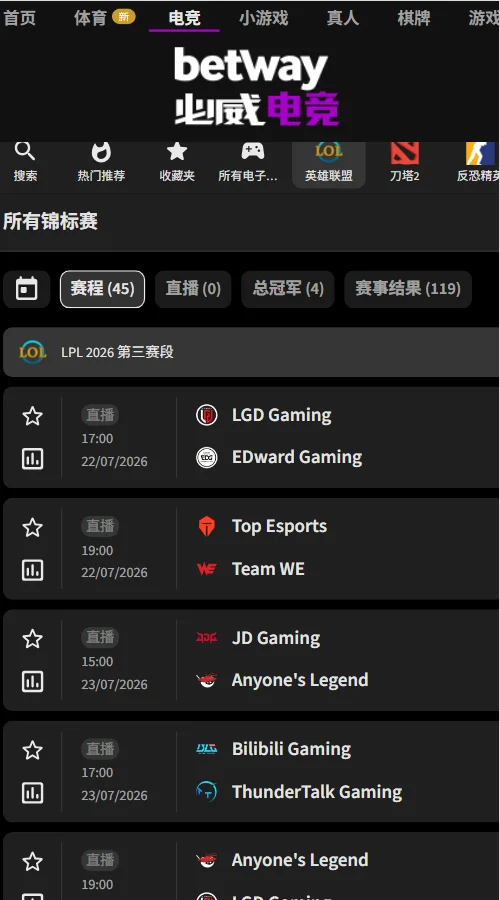 英雄联盟LPL第三赛段赔率盘口(必威Betway)
