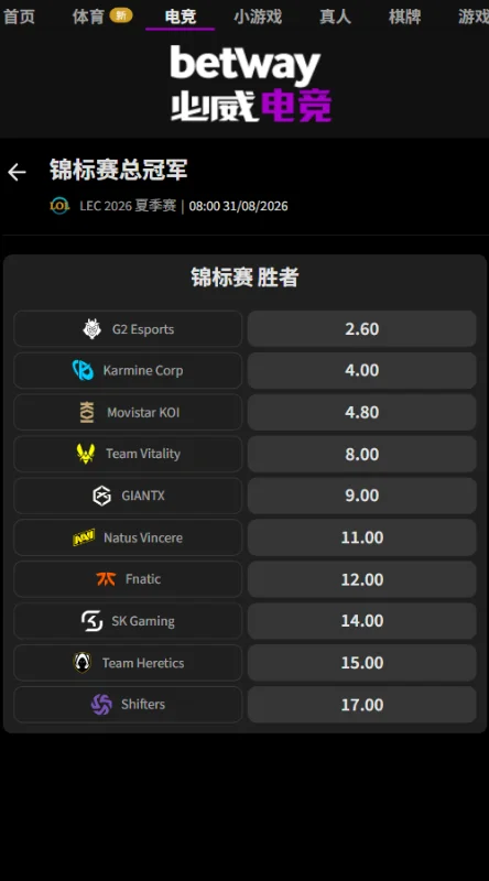 2026英雄联盟LEC夏季赛赔率盘口(必威Betway)
