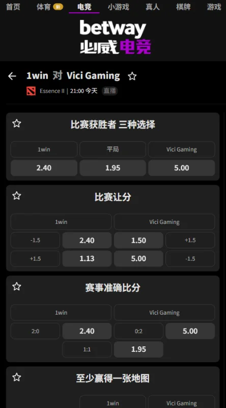 1win vs VG - Essence S2赔率盘口信息由必威(Betway)提供