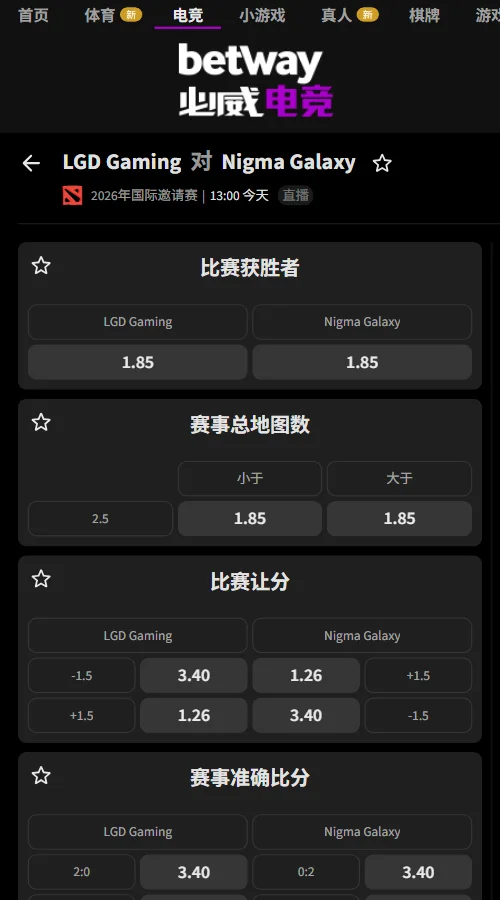 LGD vs Nigma - DOTA2 TI15赔率盘口信息由必威(Betway)提供