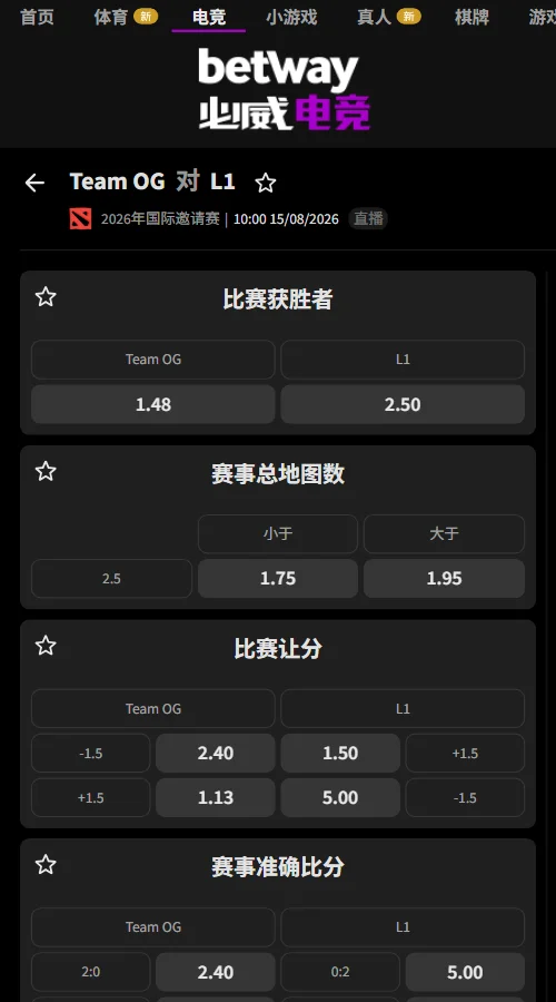 OG vs L1 - DOTA2 TI15赔率盘口信息由必威(Betway)提供