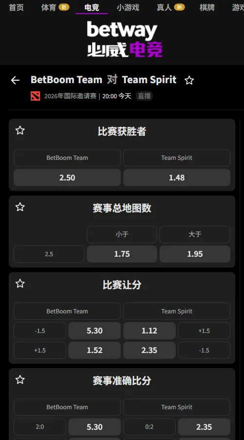 BetBoom vs Spirit - DOTA2 TI15赔率由必威(Betway)提供