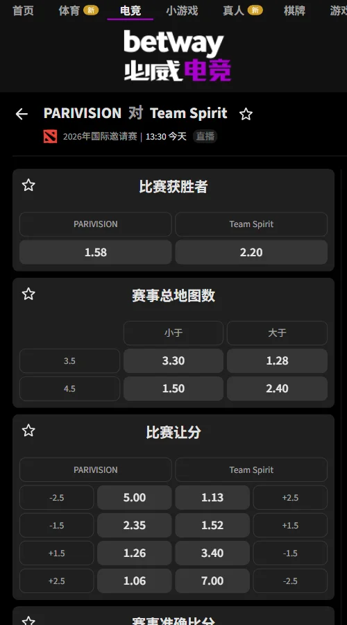 PARIVISION vs Spirit - DOTA2 TI15上海总决赛赔率由必威(Betway)提供