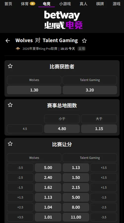 重庆狼队vs广州TTG - 2026王者荣耀KPL赔率(必威Betway)