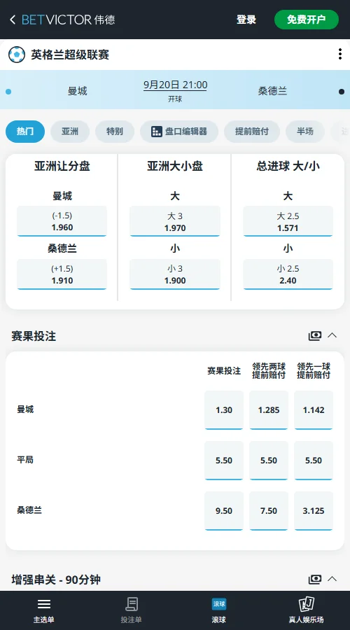 曼城vs桑德兰，英超赔率(伟德BetVictor)