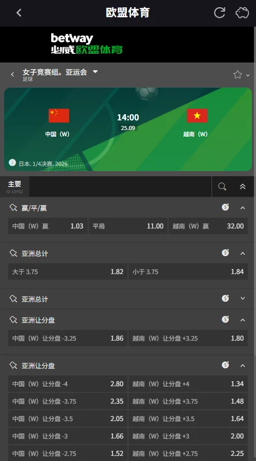 中国女足vs越南女足，亚运女足 1/4决赛赔率(伟德BetVictor)