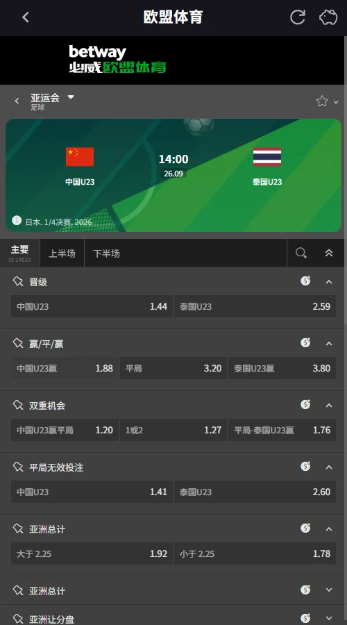 U23中国vs泰国,亚运会男足1/4决赛赔率(必威Betway)