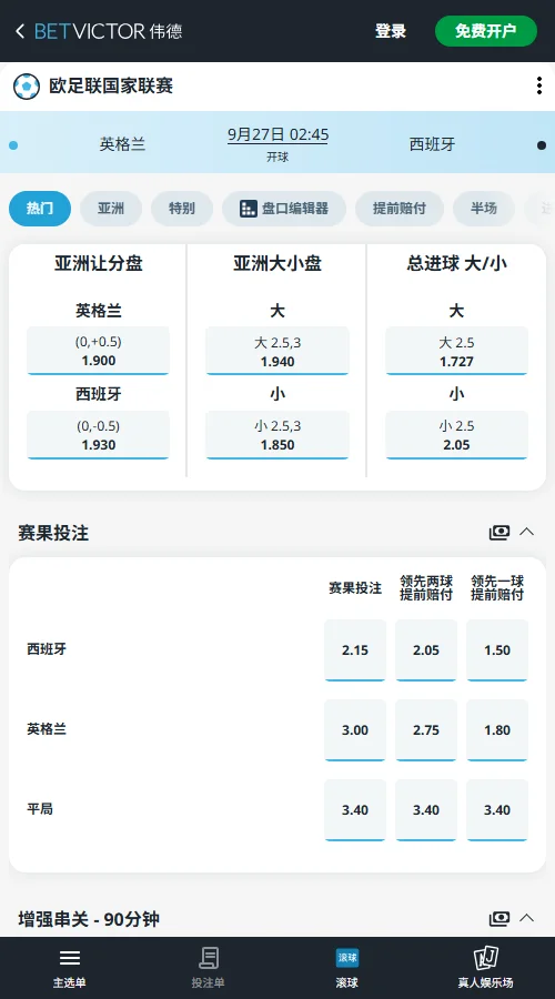 英格兰vs西班牙,欧国联赔率(伟德BetVictor)