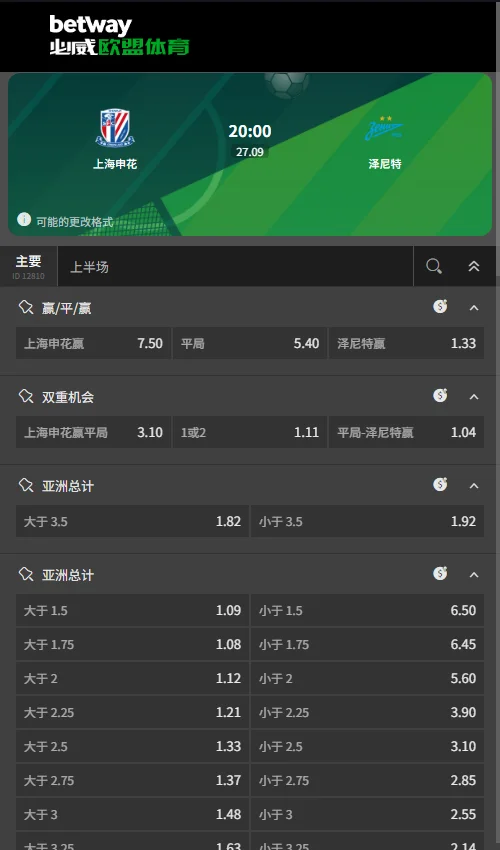 上海申花-泽尼特，国际友谊赛盘口赔率(必威Betway)