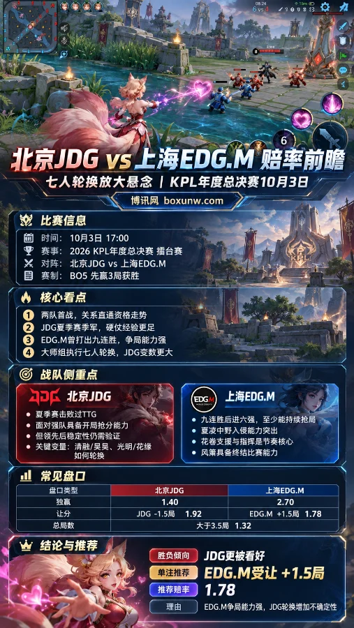 王者荣耀妲己第三人称战场海报,展示北京JDG对阵上海EDG.M的比赛信息、七人轮换看点及EDG.M受让+1.5局赔率1.78。