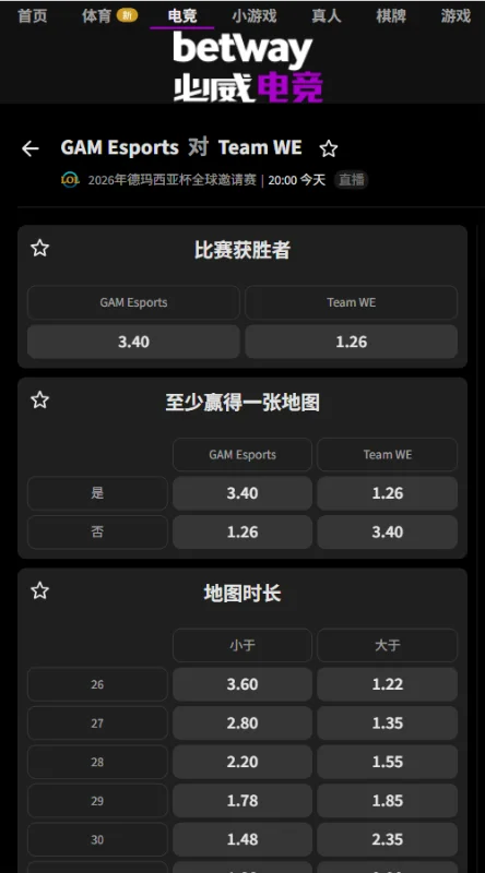 GAM vs WE - 英雄联盟德玛西亚杯赔率(必威Betway)