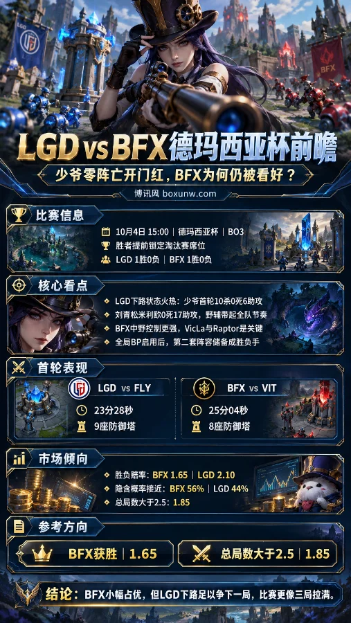 LGD vs BFX德玛西亚杯前瞻海报,凯特琳正面出镜,展示双方首轮表现、BFX 1.65胜负赔率及总局数大于2.5的参考方向。
