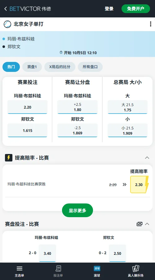 郑钦文vs布兹科娃 - 中网女单赔率信息(伟德BetVictor)