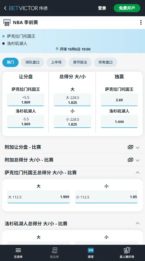 湖人vs国王-NBA季前赛赔率盘口(伟德Betvictor)
