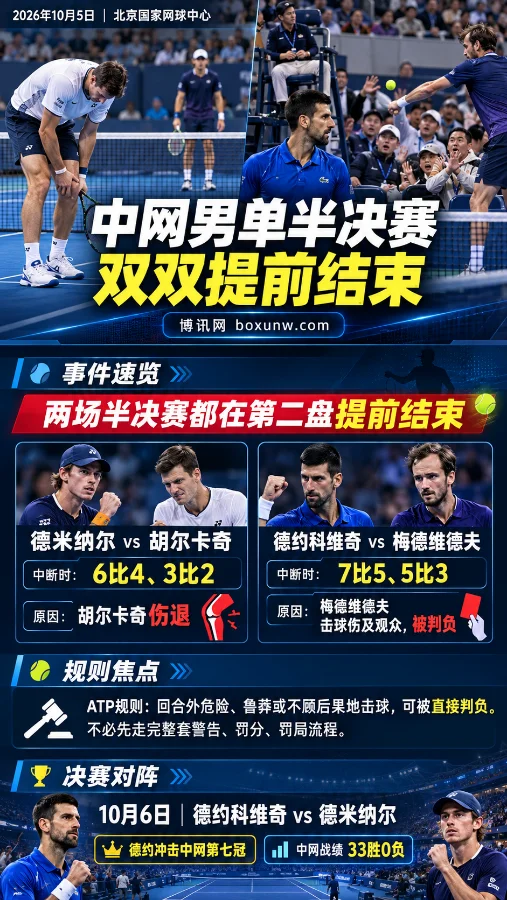 2026中网男单半决赛海报，胡尔卡奇伤退，梅德维德夫击球伤及观众被判负，德约科维奇与德米纳尔会师决赛