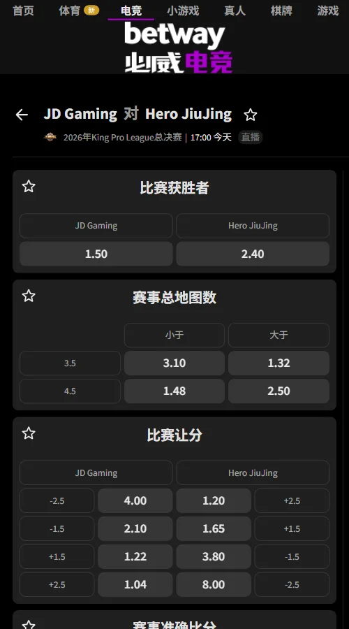 JDG vs Hero久竞 - KPL年度总决赛赔率(必威Betway)