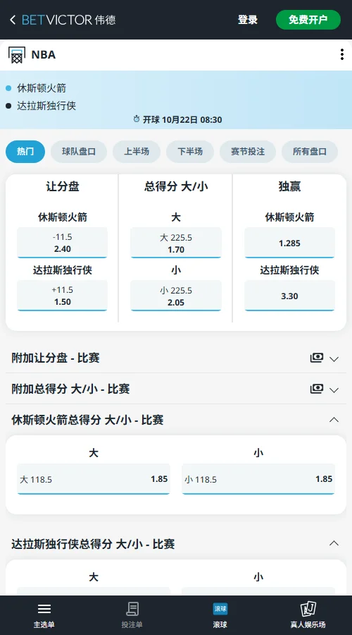 火箭vs独行侠-NBA季前赛 · 澳门中国赛(伟德Betvictor)开出火箭独赢1.285、独行侠3.30；独行侠受让+11.5赔付低至1.50，大分225.5报1.70，盘口明显倾向分差收窄与高分对攻。