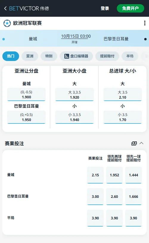 曼城vs巴黎，欧冠(伟德BetVictor)开出曼城让-0.25赔率1.90，巴黎受让赔率1.95；总进球小3.5低至1.70，大3.5达2.10，机构严防小比分打出。