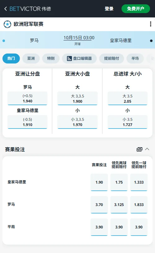 罗马vs皇家马德里,欧冠(伟德BetVictor)皇马让0.5球赔率1.91,折算客胜概率近50%;总进球3.5小球赔率低至1.727(大球2.05),盘面明显向全场不超过3球的防守博弈倾斜。