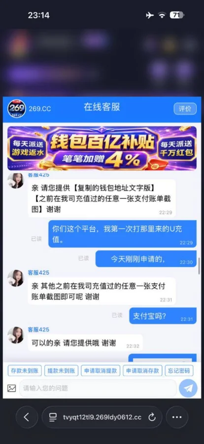 269黑平台客服套路:索要钱包地址与历史支付宝充值账单截图拖延出款