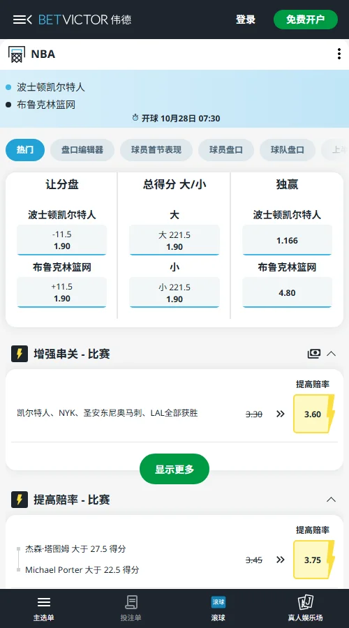 凯尔特人vs篮网-NBA常规赛伟德(BetVictor)开出的赔率显示主队优势明显,凯尔特人让分-11.5与篮网受让+11.5的赔率均为1.90,总得分221.5分的大、小分赔率同为1.90。