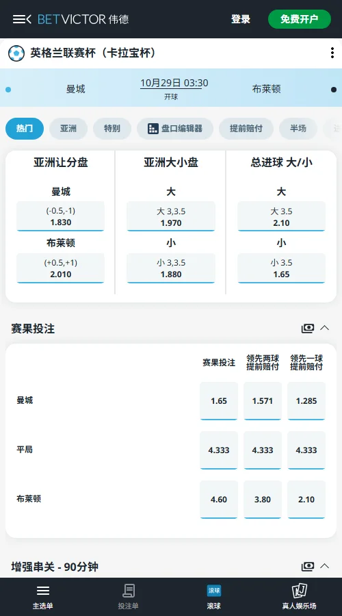 曼城vs布莱顿,英联杯伟德开出曼城让分(-0.5,-1)赔率1.830、布莱顿受让赔率2.010;大小盘3,3.5大盘赔率1.970,数据明显防范进球大战。