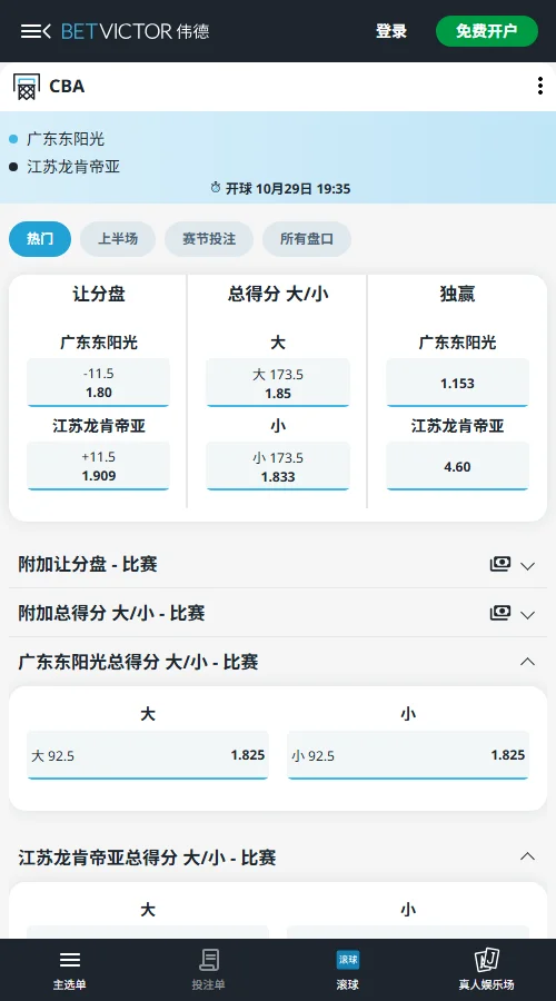 广东东阳光vs江苏龙肯帝亚-伟德独赢广东1.153、江苏4.60；广东让11.5分赔率1.80；总分173.5，小分1.833略低于大分1.85，盘口偏向主队。