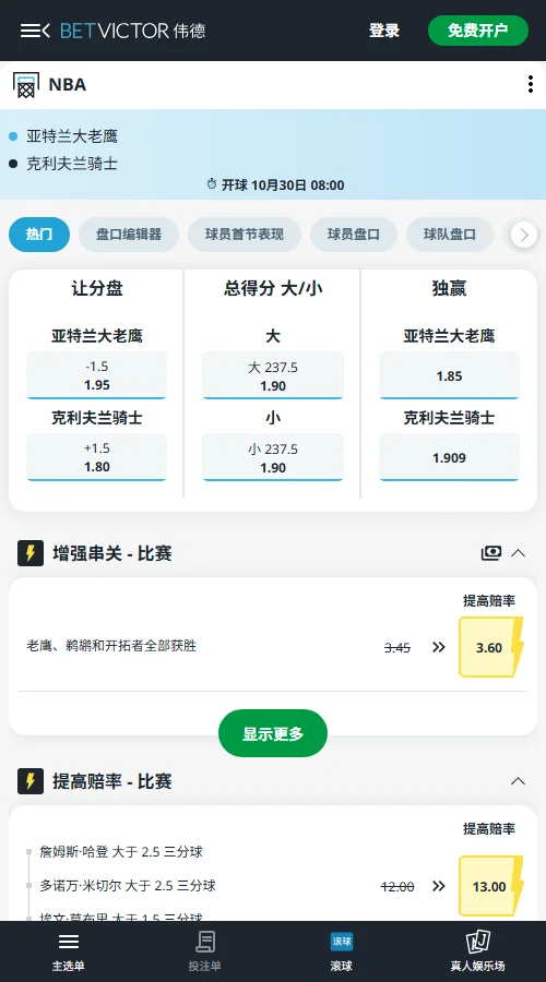 骑士vs老鹰-NBA常规赛赔率盘口伟德。骑士受让+1.5赔率1.80，全场大237.5分赔率1.90。Polymarket仅提供预测市场报价，并非上述赔率的明确来源，两项选择均需关注背靠背风险。