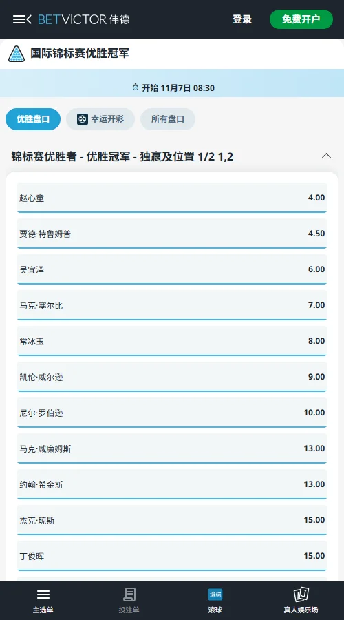2026南京国际斯诺克锦标赛伟德赔率显示，赵心童4.00领跑，隐含概率25.0%；特鲁姆普4.50、吴宜泽6.00紧随。考虑赵心童连续三站一轮游，吴宜泽6.00更具性价比。