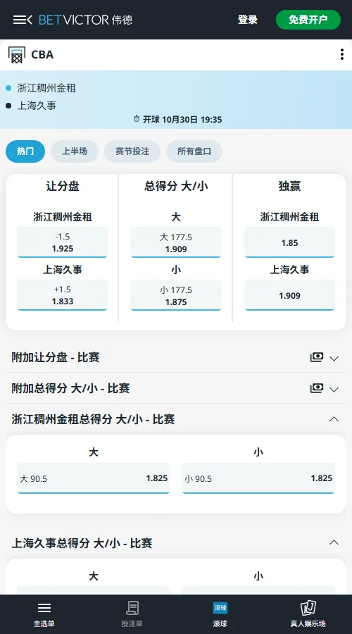 浙江稠州vs上海久事-伟德开出浙江独赢1.85、上海1.909，浙江让1.5分赔率1.925。大小分177.5，大分1.909、小分1.875。盘口接近五五开，浙江主场小胜及小分值得关注。