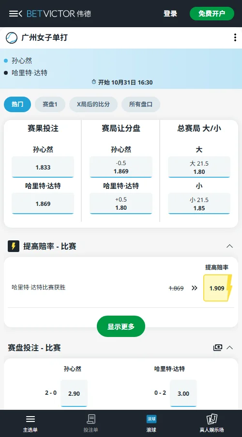 孙心然vs达特 - WTA广州网球公开赛伟德开出孙心然胜赔1.833、达特1.869,双方实力接近。孙心然让局-0.5赔率1.869,总局数大21.5赔率1.80,盘口略倾向主队及多局数走势。